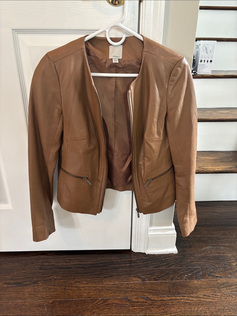Halogen Tan Leather Collarless Zip Jacket